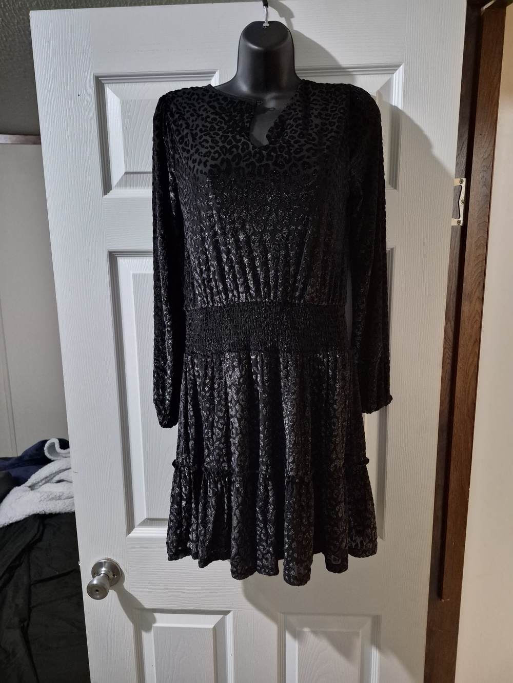 Michael Kors Black Long-Sleeve Tiered Animal-Print Dress